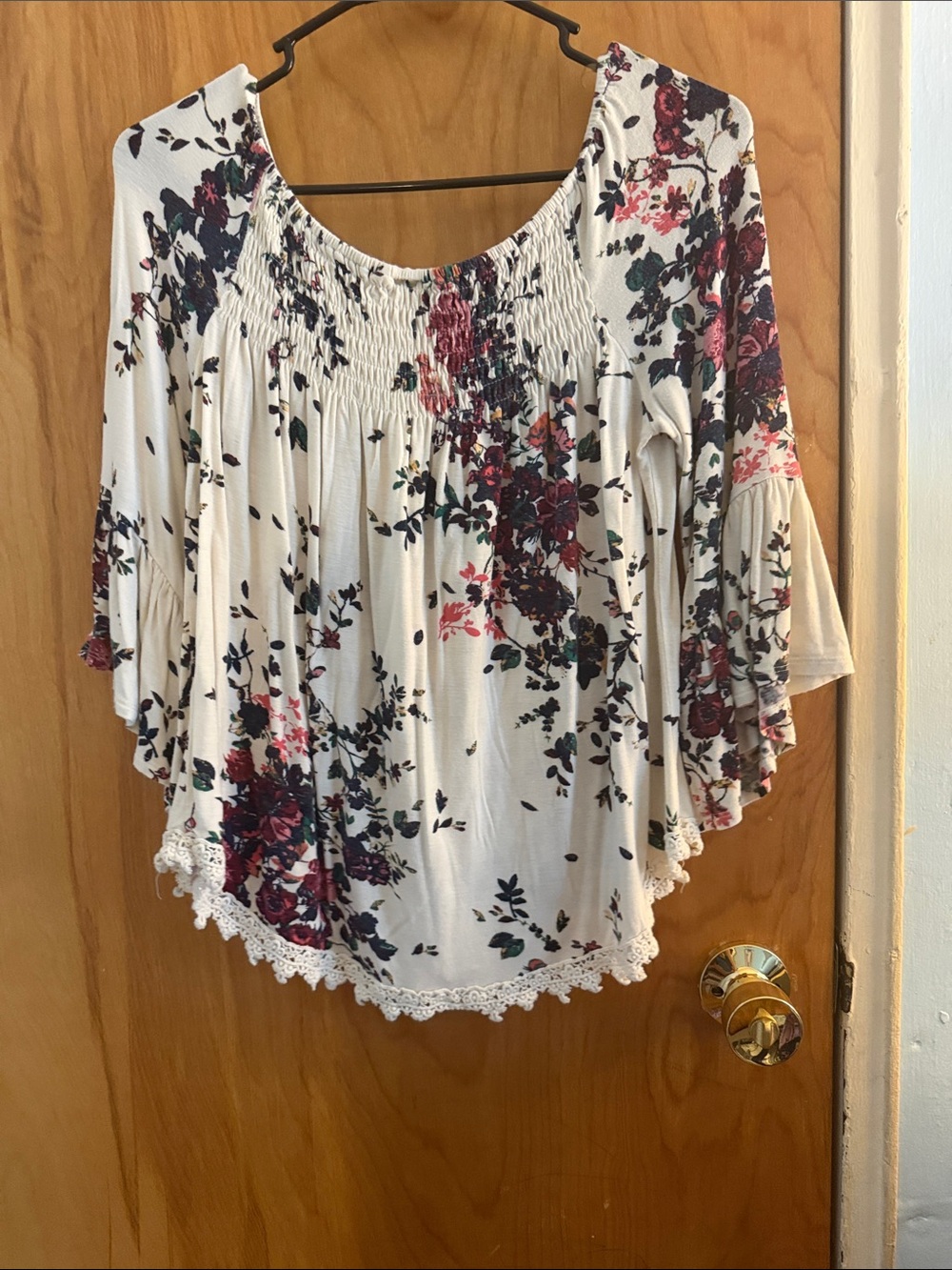 Urban Outfitters White Floral Smocked Peasant Blouse with Lace Hem - Picture 6 of 6